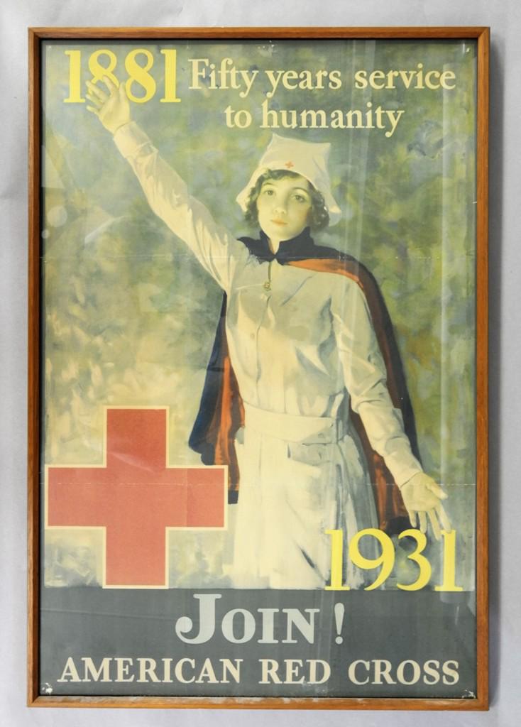 Liberty Bonds, Red Cross Posters, Sheet Music: Third Liberty Loan poster with artwork by Howard Chandler Christy 1917. Fight Or Buy Bonds Poster housed in wood frame with folds and corner tack holes, framed out to 21" by 30", American Red Cross fi