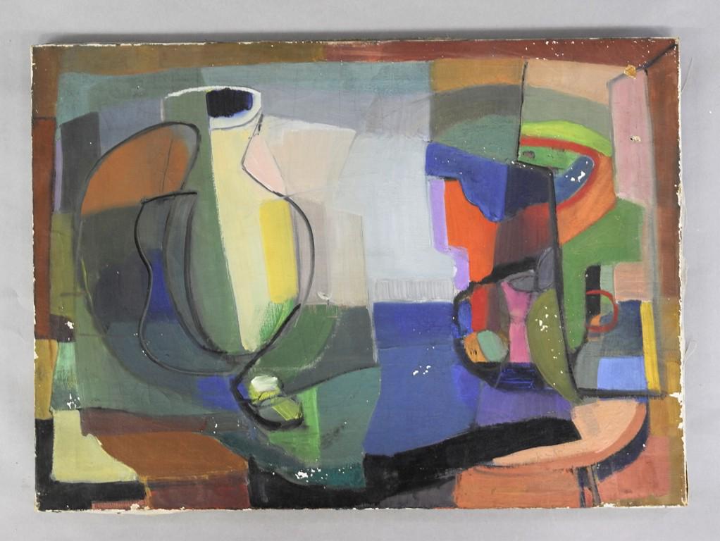 Two Vintage Cubist Oil Paintings: Vintage cubist oil painting on canvas signed Patman on reverse 18" by 25", similar style unsigned painting with major losses 18" by 30"