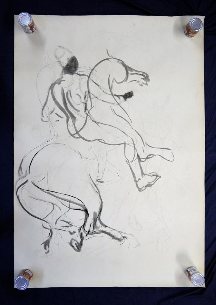 Five Large Vintage Circus Sketches: Group of five vintage ink, charcoal and pastel drawings on paper, 1 acrobat jumping onto the back of a zebra about 36" by 48", 2 acrobat jumping onto the back of a zebra about 42" by 60", 3 acrobat on