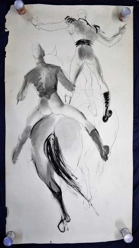 Five Large Vintage Circus Sketches: Group of five vintage ink and charcoal drawing on paper, 1 pair of acrobats riding zebras about 42" by 60" with tears, 2 pair of acrobats on horseback about 42" by 72", 3 rider on horseback about 42" 