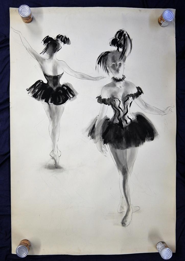 Five Large Ballerina Sketches: Group of five vintage ink and watercolor drawings on paper of dancers in various poses, 1 pair of ballerinas about 42" by 63", 2 pair of ballerinas about 42" by 62, 3 pair of female and one male balle