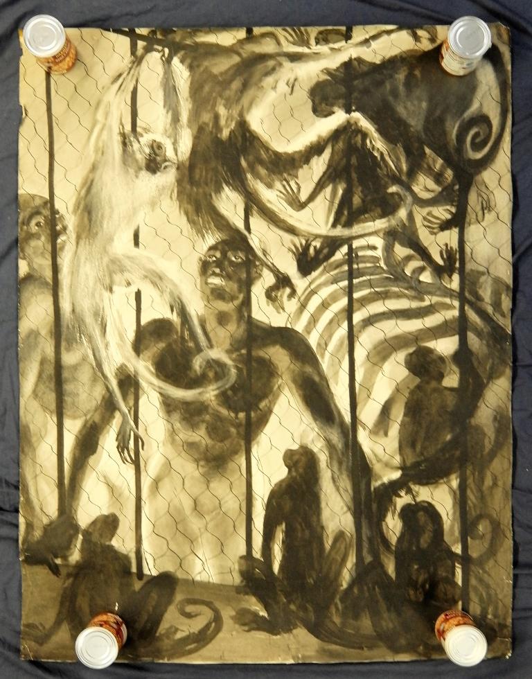 Four Large Vintage Sketches: Four vintage ink and watercolor drawings on paper, 1 two circus performers looking at the monkey cage about 36" by 47", 2 monkeys 22" by 30", 3 two acrobats standing on horseback about 26" by 39", 4 t