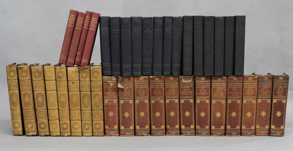 Antique Sets of Famous Writers Books: Robert Louis Stevenson 8 volumes in partial leather bindings circa 1912, Charles Dickens 12 volumes in part leather bindings circa 1912, Booth Tarkington 6 volumes circa 1925, Joseph Conrad 8 volumes 