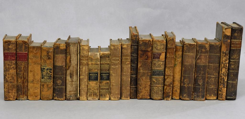 Antique 18th & 19th Century Leather Bound Books: William Shakespeare 4 volumes 1798 with two loose boards and one missing board, Bell's British Theatre 1797, Memoires De Gui Joly 1738 with loose board, Love Of Fame The Universal Passion 1752 with lo