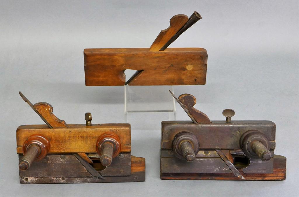 Three Antique Wood Planes: Antique signed Greenfield Tool Co. #526 plane, antique Greenfield Tool Co. # 530 plane, unsigned plane