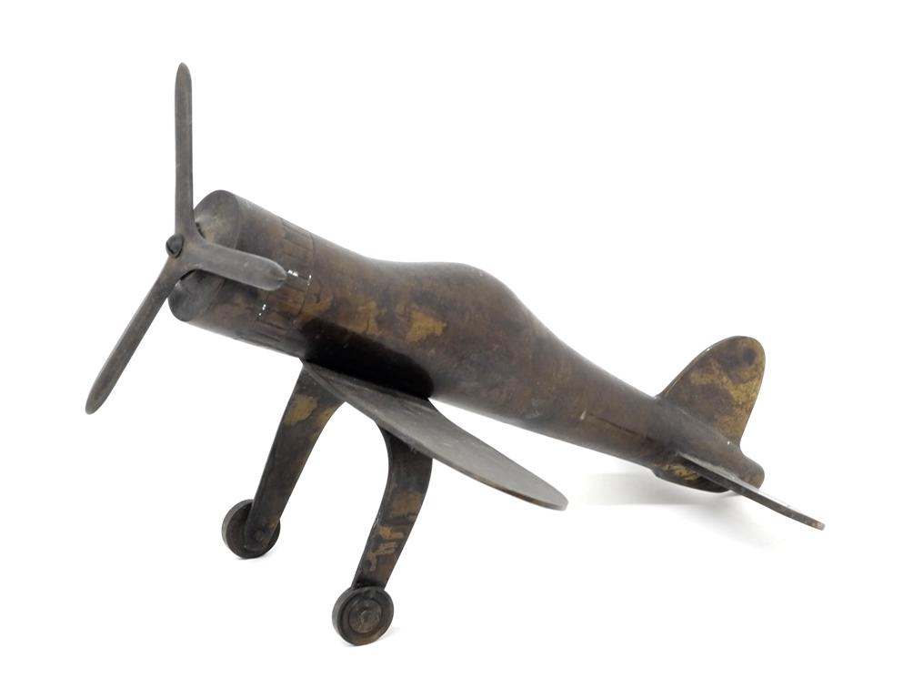 Vintage Trench Art Brass Fighter Plane: Vintage brass trench art circa WW2 brass fighter plane with three blade prop 12.5"L, 12" wingspan