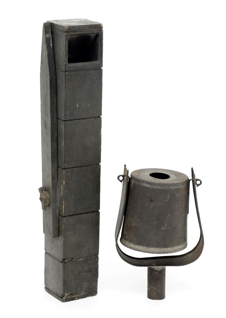 Antique Parade Periscope & Torch: Antique wood and glass mirror parade periscope for looking over the heads of the crowds in front of you with original paint 14.5"H, tin parade torch on gimbal lacking a burner 7"H