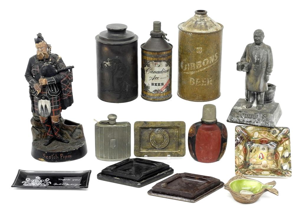 Antique & Vintage Alcohol & Tobacco Accessories: Antique brass tobacco jar with lid has a raised silver-plate dog and tree on front, raised silver-plate AP&PA 1912 on rear 6"H, Canadian Ace beer litho tin cone top beer can advertising table lighter,