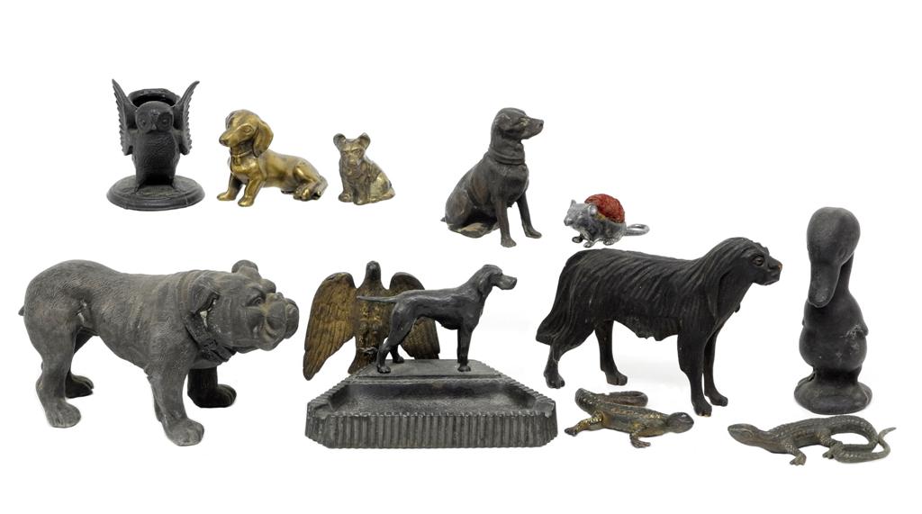 Group of Antique Animal Figures: Cast iron duck 4.5"H, cast metal bulldog with split under chin 7"L, figural retriever ashtray soft metal with applied patina 5.5"W, silver-plate soft metal mouse pin cushion 2.75"L, pair of painted ir