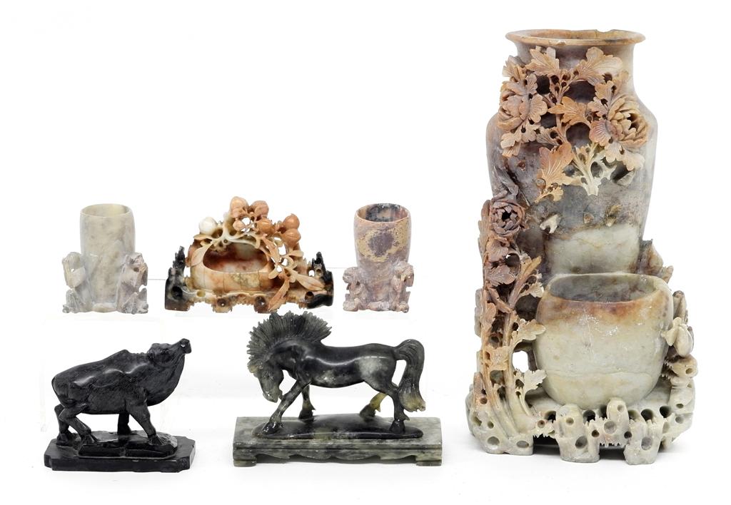 Antique Asian Carved Stone Animals & Vase: Carved jade horse on stand 5"L, nicely carved stone buffalo 3.5"L, pair of soapstone match holders with monkeys around base, carved floral soapstone open top trinket box 4"L, soapstone vase with losse