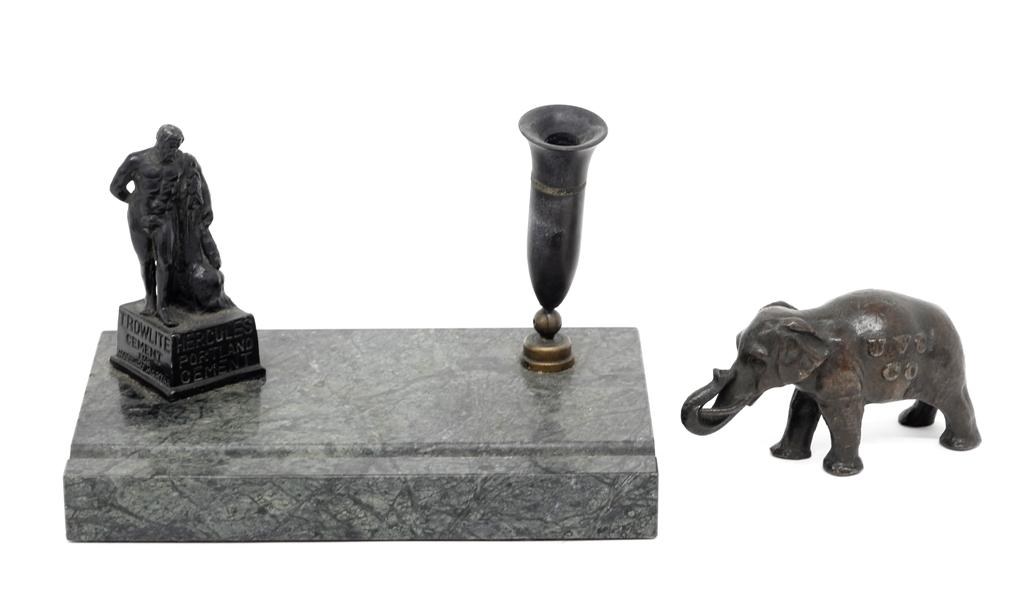 Advertising Bronze Elephant & Pen Rest: Antique bronze elephant advertising UVC Co. 4"L, antique statue advertising Hercules Portland Cement and Trowlite Cement with pen holder on marble base 7"W