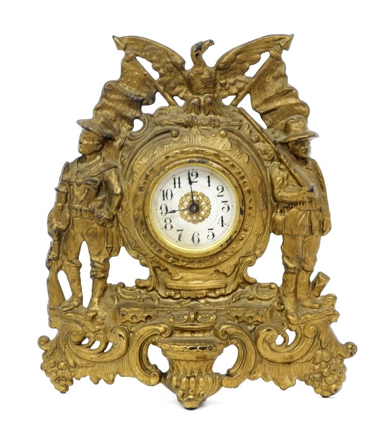 Antique Spanish American War Clock: Antique painted cast iron Spanish American War era clock depicting a soldier and sailor, 11"H, 9 5/8"W