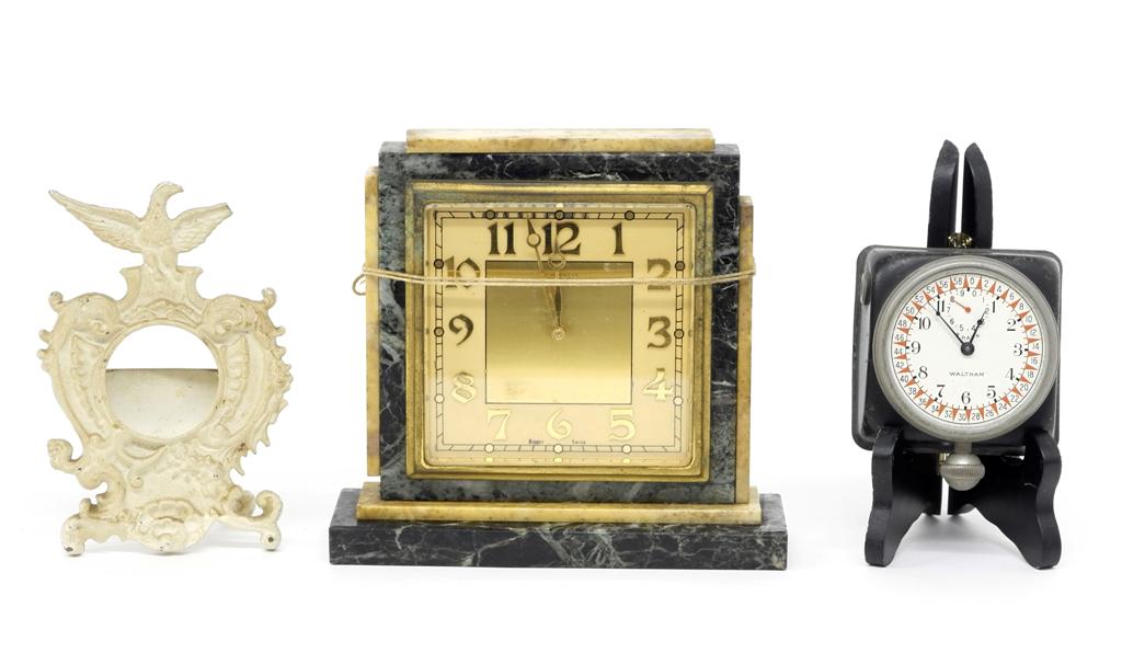 Art Deco & Other Clocks: Vintage Art Deco marble clock with Swiss eight day movement, 7"W, 6.25"H in attic found condition needs stone trim reglued, painted iron watch hutch with chipped eagle wing 5.5"H, Waltham car clock 3"