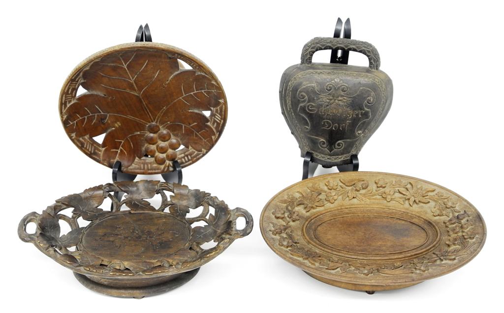 Three Carved Wood Musical Trays & Bell: Antique carved German wood tray with pierced rim and double handles on music box base 12.5"W nonworking, antique German oval wood tray carved with flowers has a working music box base that plays two t