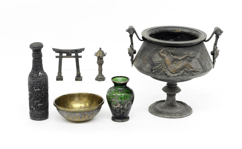 Vintage Silver-Plate Accessories: Greek revival urn with cracked foot lacking original plating 8"H, India bottle with minor dents, silver-plate shakers with corrosion, small glass vase with overlay 4"H, brass bowl with partial plating