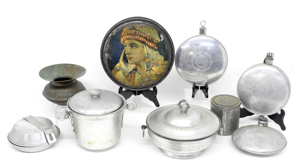 Vintage Aluminum & Tin Collectibles: Boy Scouts mess tin with contents, Boy Scout canteen with dents, Worcester Pressed Aluminum Co. hot water bottle 7.5"D patent 1915, United Drug Co. "Radiator" hot water bottle patent 1915, aluminum ic