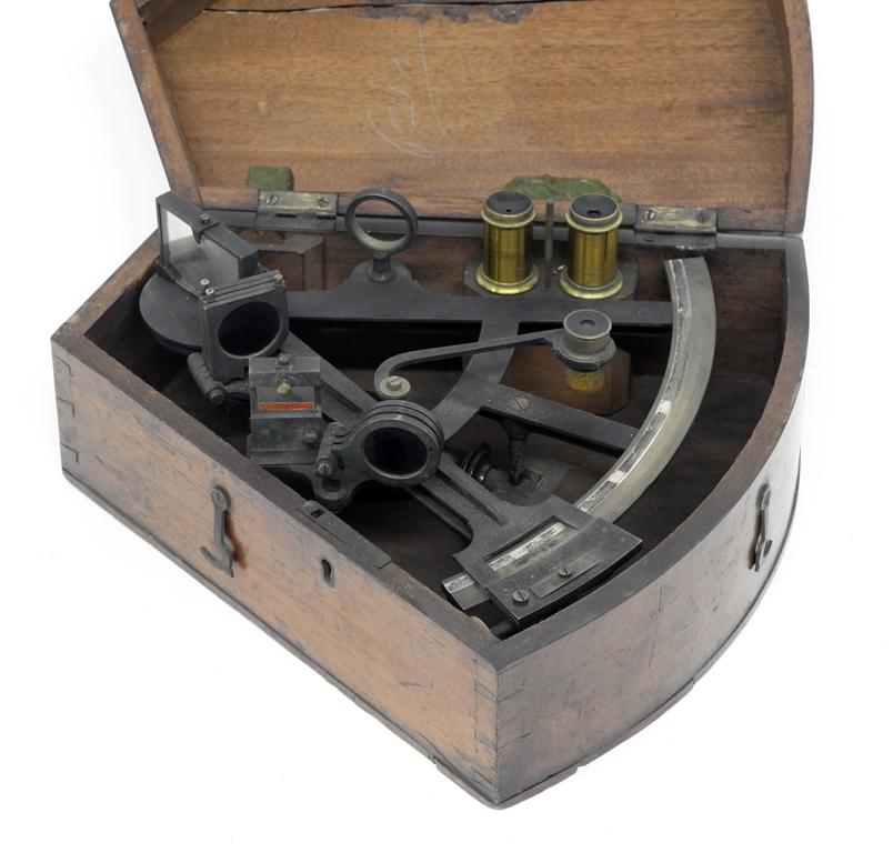 Antique Ship Sextant In Case: Antique 19th century brass ship's sextant, original mahogany dovetailed case assembled with cut nails, case 11"L