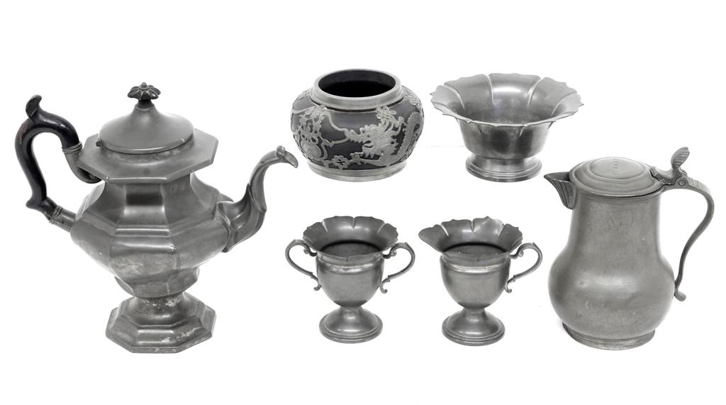 Antique Pewter Hollow Ware Items: Antique 19th century pewter covered jug has English style stamp on bottom, lid stamped PVDW, break on rim by hinge and scattered dents 7.75"H, 19th century Leonard Reed & Bart teapot with wood handle 