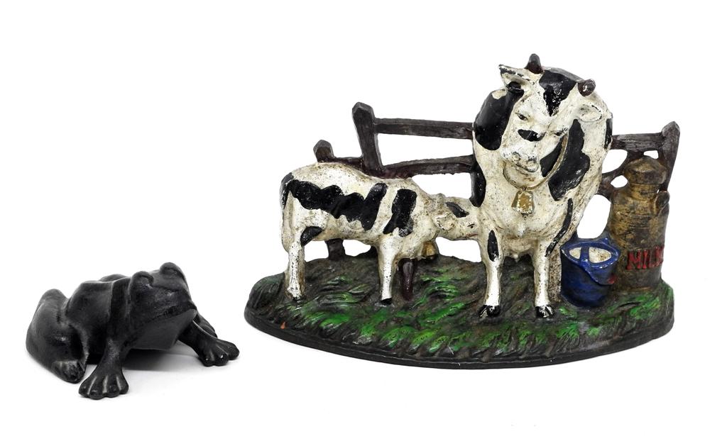 Antique Cows Door Stopper & Iron Frog: Antique cast iron door stopper with original paint, cow with calf, milk bucket and pail 11"L, cast iron frog with original paint 5"L