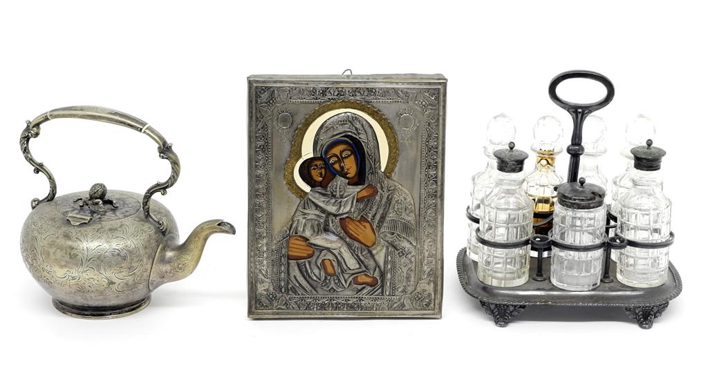 Silver-Plate Icon, Teapot & Caster: Vintage silver-plate, brass and painted wood icon 7" by 9", antique caster set with six matching cut glass bottles with matching stoppers and lids 8.25"W, antique silver-plate teapot nicely decorated