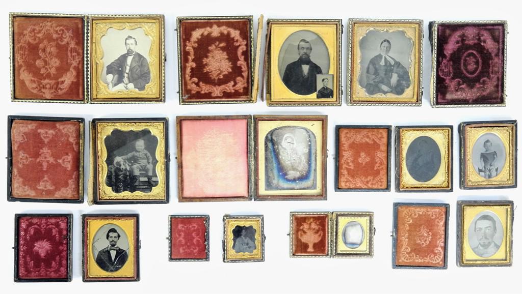 Early Antique Photographs: Lot includes two daguerreotypes, four ambrotypes with split cases and one cracked glass, four ferrotypes with split cases and missing one cover, one small unframed ferrotype