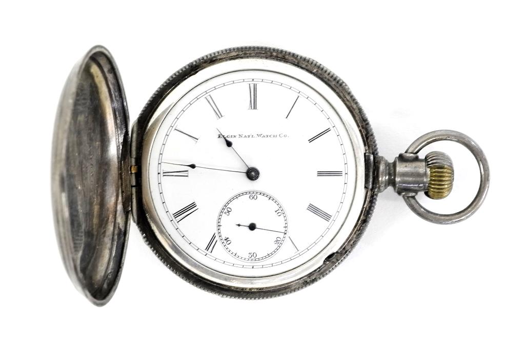Antique Elgin Coin Silver Pocket Watch: Elgin National Watch Company watch in a Keystone Leader coin silver case circa 1889, inscribed on dust shield "Forrest N. Magee from his Father on the Anniversary of his 12th Birthday Dec. 3rd 1889" p