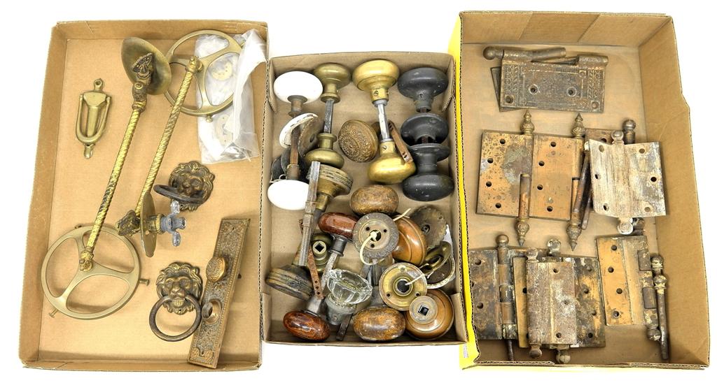 Lot Of Antique Brass Hardware: Assortment of decorative antique brass door hinges, door knobs, escutcheons, pair of brass gas light fixtures, pair of vintage lion head rings