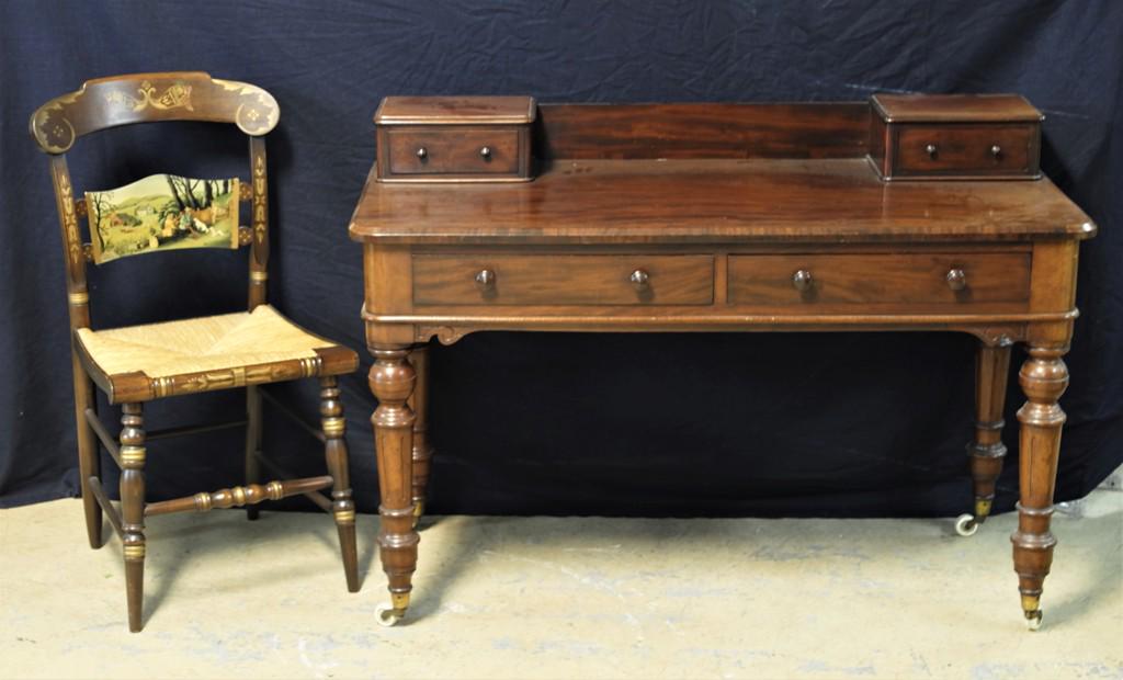 Mahogany Writing Desk & Hitchcock Chair: Contemporary Empire style mahogany writing desk, two small stationary drawers with gallery, two half width drawers, 48"W, 21.25"D, 33.5"H, limited edition Thanksgiving 1981 Hitchcock chair with woven 