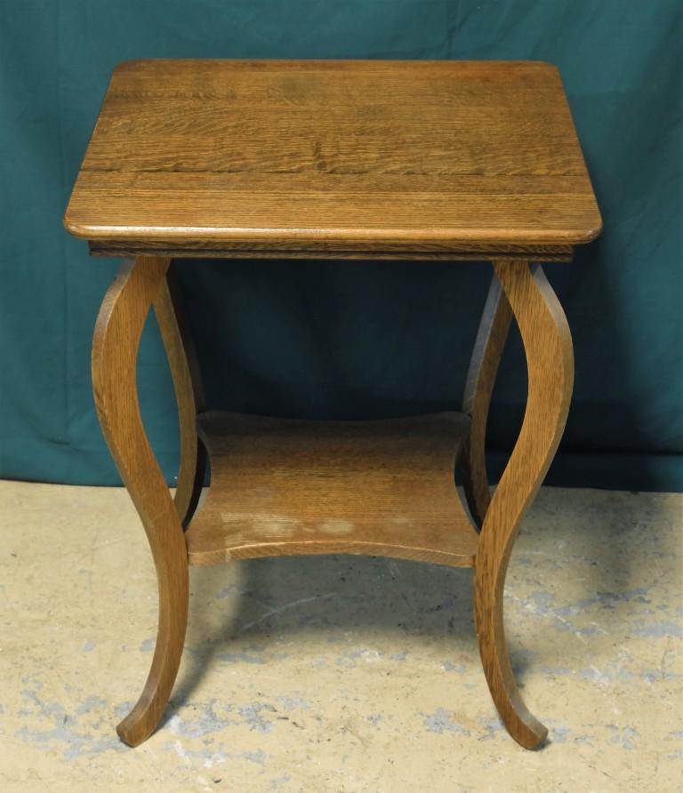 Antique Oak Side table: Antique oak side table circa early 20th century, nicely figured oak with bottom shelf and cabriole legs 24" square by 29"H, buyer must arrange shipping or pick-up