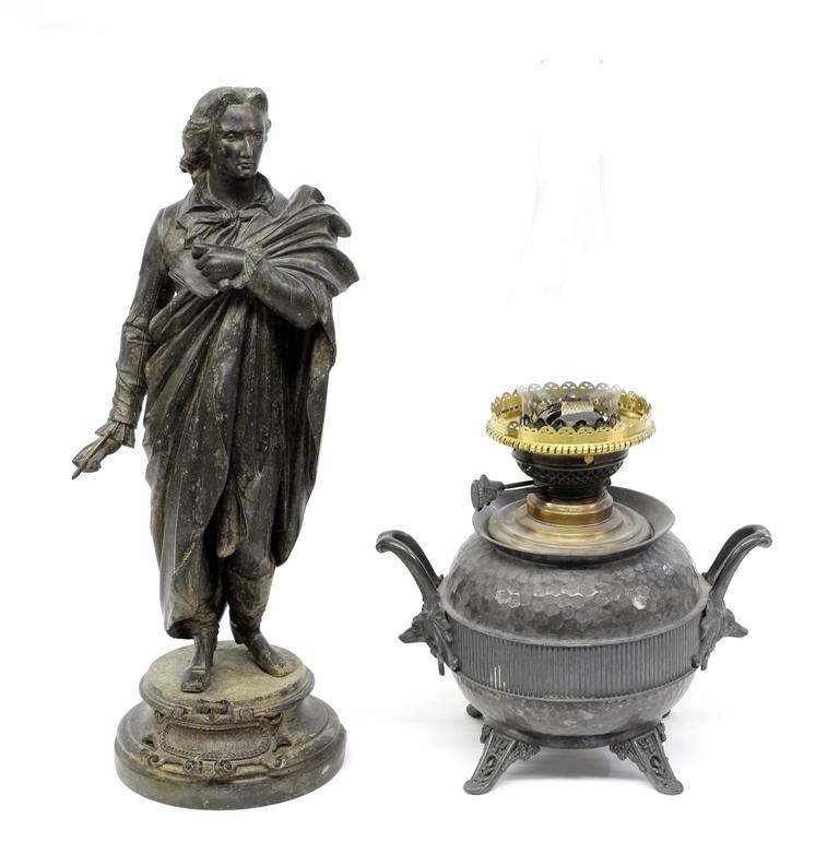 Antique Oil Lamp & Statue: Antique soft metal oil lamp with E.M. Duplex & Co. burner 19.5"H, Antique spelter statue of Schiller 19"H