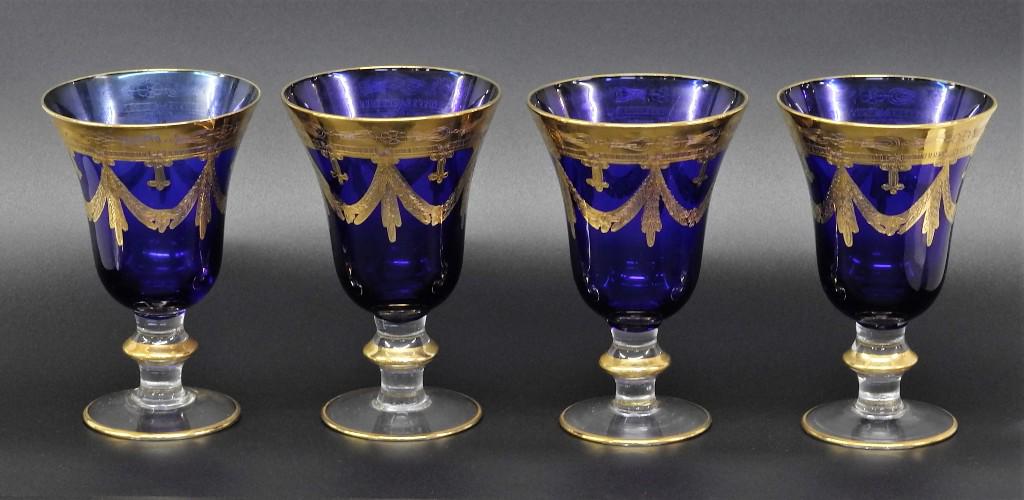 Four Gold Decorated Venetian Goblets: Set of four cobalt blue and clear Venetian goblets with gold overlay 5.75"H