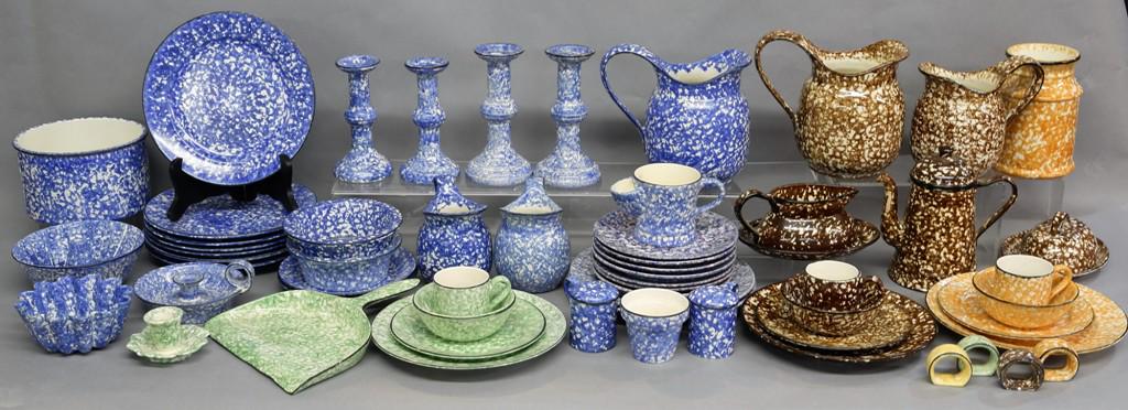Stangl Sponge ware Pottery 63 Pieces: Stangl Blue Town & Country 8" crock, 2 styles of mold, 2 small pitchers, large pitcher, salt and pepper, pair of small candlesticks, pair of large candlesticks, chamber stick, shaving mug, 2 luncheon