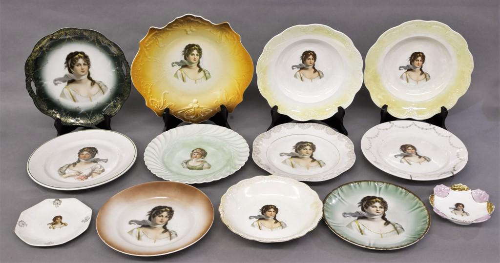 Queen Louise Collection of Porcelain: Queen Louise decorated 17 pieces of porcelain, portrait vase 9.25"H, coffee pot with losses to lid, milk glass vase 11.5"H, 6 large plates, 3 bowls, ashtray, bread plate, small trophy cup, boot vase, 
