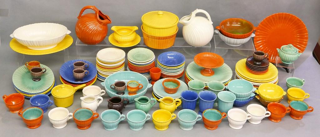 Stangl Colonial Pottery 109 Pieces: Nice assortment of vintage Stangl pottery in the Colonial pattern in assorted colors, includes 12" platter, 6 dinner plates, 9 luncheon plates, compote, egg cup, 4 -9.5" oval bowls, 4 dessert plates, 