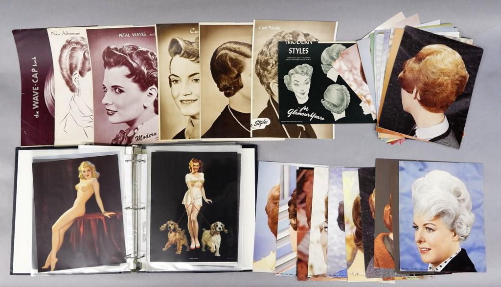 Vintage Pin-Up Art & Hair Style Photos: Binder with 38 vintage pin-ups that were samples from a calendar company, most are 8" by 10", 33 Hair Style Of The Month color photos from the 1960's 8" by 10", group of seven 1950's monochrome hair s