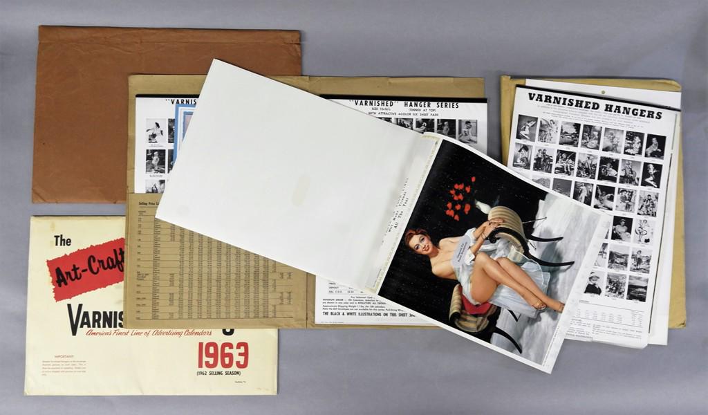 17 Vintage Calendar Sample Books: Group of 17 envelopes containing 1950's and 1960's sample photos from a calendar company, includes nudes, pin-ups, animals, children etc., largest 12" by 18"