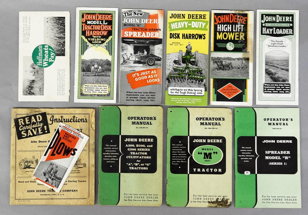 Vintage John Deere Brochures, Manuals & Parts List: Group of five vintage John Deere brochures for Disk Harrows, Tractor-Drawn Spreader, Tractor Disk Harrow, High Lift Mower and Hay Loader, three Operator's Manuals, 1943 Parts List, also includes McCor