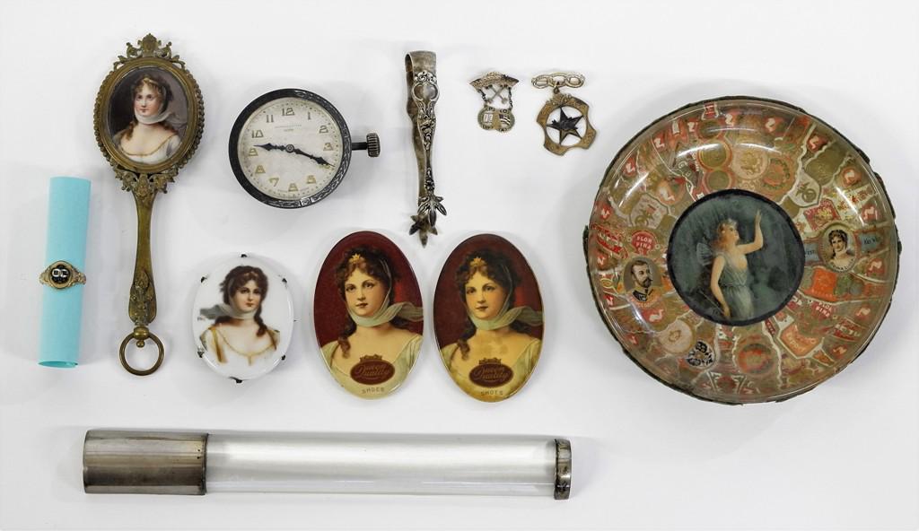 Queen Louise Collectibles & Small Silver Items: Two antique celluloid mirrors advertising Queen Quality Shoes 2.75"H, bronze mirror with painted Queen Louise portrait on porcelain 5.5"H, antique Queen Louise porcelain pin, antique Queen Louise & Pr