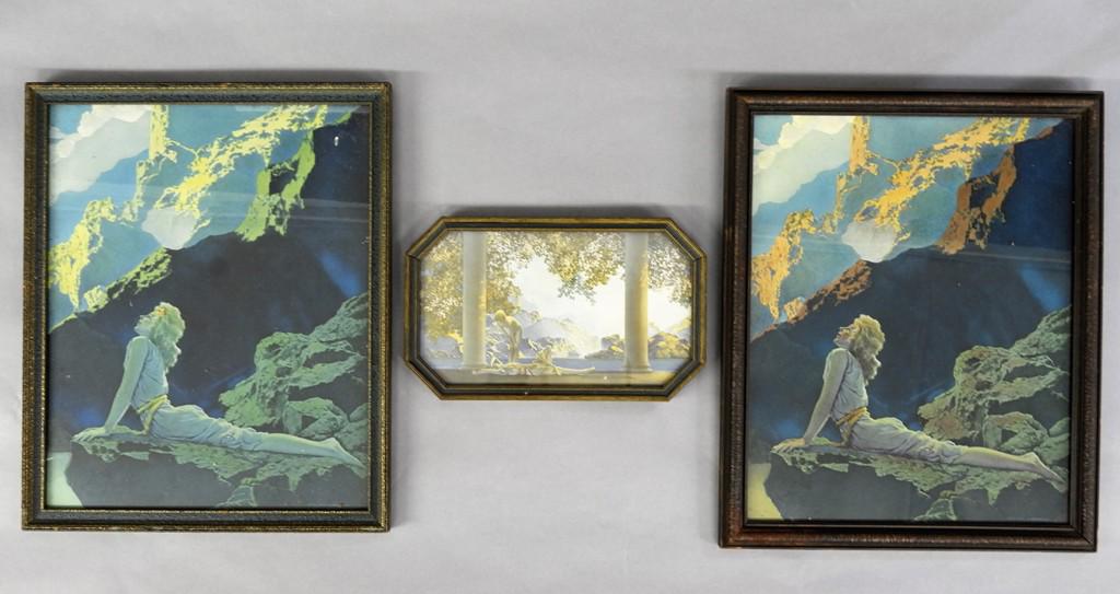 Three Maxfield Parrish Framed Prints: Three vintage Maxfield Parrish prints with Reinthal & Newmann copyright in their original frames, largest 13" by 16"