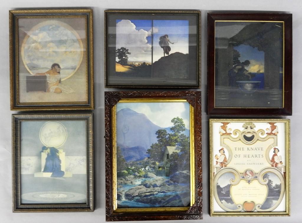 Six Maxfield Parrish Framed Prints: Group of six vintage Maxfield Parrish prints from magazine covers or illustration, largest frame 12" by 16"