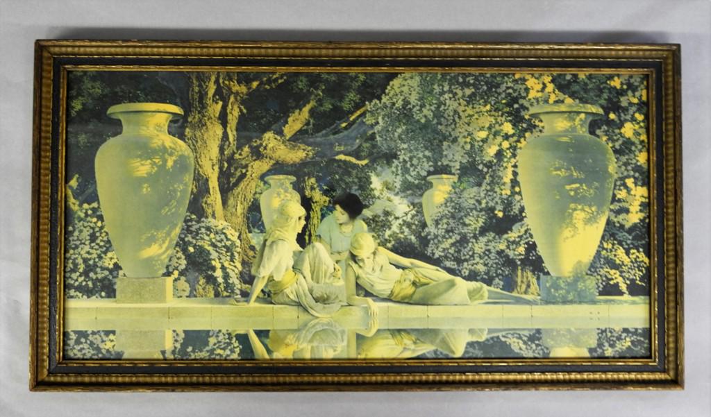 Three Large Maxfield Parrish Prints: Large Parrish print "Garden Of Allen with Reinthal & Newmann stamp in original frame 17.5" by 32.5", large print signed Maxfield Parrish "Ecstasy" in period frame 21" by 28", landscape in newer frame
