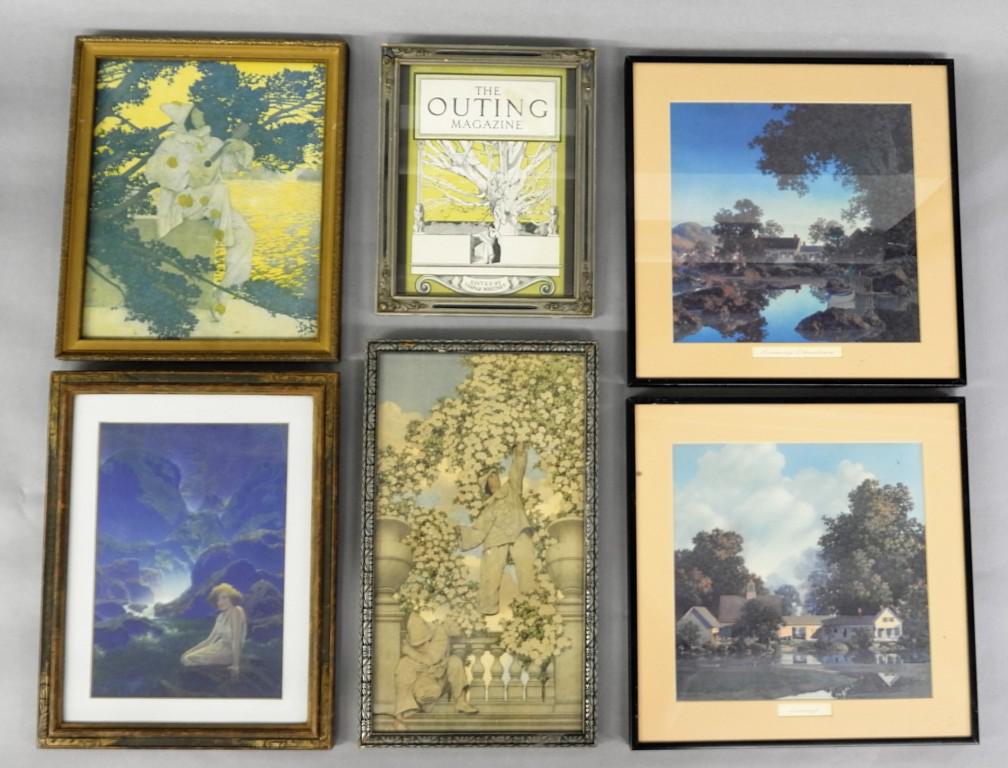 Six Vintage Maxfield Parrish Prints: Six vintage Maxfield Parrish prints, illustrations, magazine covers and calendar toppers, four in old frames, two in newer metal frames