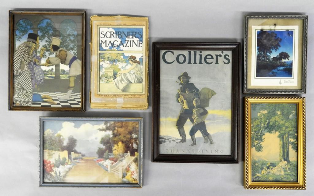 Maxfield Parrish Prints & Books: Maxfield Parrish framed magazine cover and print, unframed 1899 Scribner's cover, five children's books illustrated by Parrish, Parrish reference book, also includes a framed Parrish box cover with so