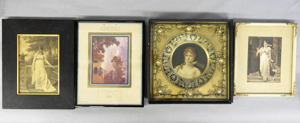 Queen Louise Art Plate, Photo & Others: Antique Queen Louise litho tin plate in period wood and gesso frame 14" square, two Queen Louise framed prints, framed Parrish calendar topper