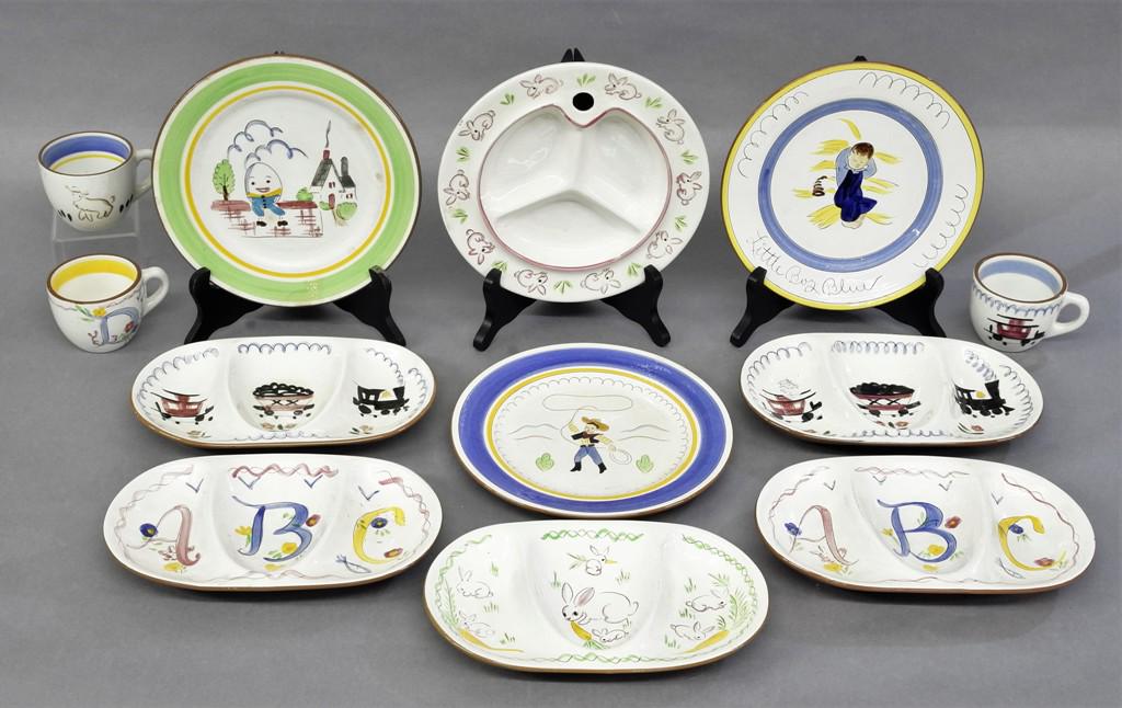 Stangl Kiddie Ware China 12 Pieces: Vintage Stangl kiddie ware includes 5 oval divided plates, 3 cups, 3 - 9" plates, hot water warming plate