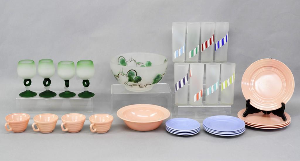 Vintage Mid-Century Glassware & Others: Set of 8 frosted iced tea glasses 7"H, hand painted frosted bowl 10"D, fumed glass 4 cups and 4 saucers, 4 luncheon plates & 4 salad plates, also includes 4 newer art glass frosted goblets