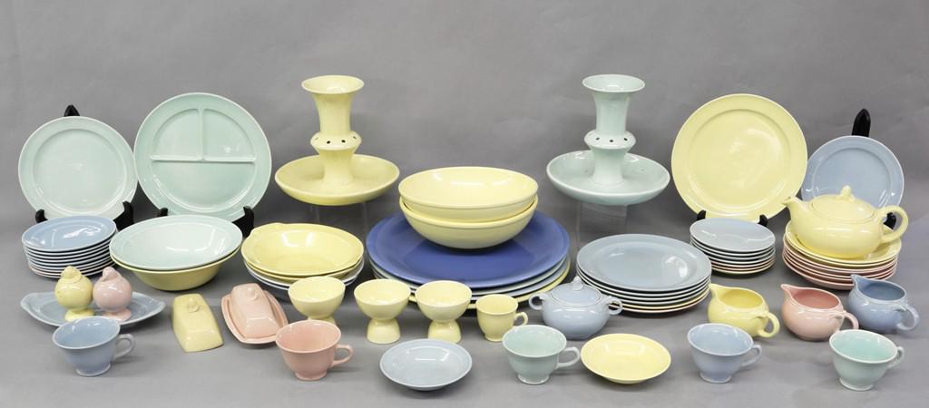 Vintage Lu-Ray Pottery 64 Pieces: Vintage Lu-Ray Pastels dinnerware in assorted colors, includes 4 - 14" plates, 1 - 10" plate, 6 - 9" plates, 1 - 7.5" plate, 1 - 8.5" plate, 1 - divided 10" plate, 2 - 10" oval bowls, 2 - 10" bowls, 2