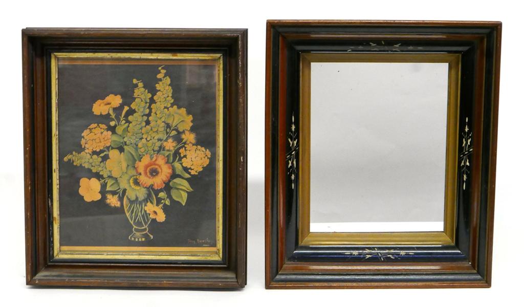 Antique Walnut Frames With Mirror & Print: Antique walnut frame with ebonized trim and carving holding a mirror 14" by 16" overall, antique printed theorem signed Jean Beasley in an antique oak frame with ebonizing and gold gilt, 13" by 15" ov