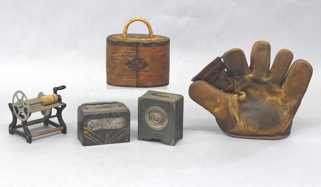 Vintage Toys & Painted Box: Antique Chas. Lee Russell pressed tin safe coin bank 4"H, pressed steel coin bank 4"L, W.V. Phillips & Co. small hand crank fabric cutting table circa 1876, 5.5"W, Wilson leather baseball glove Ball H