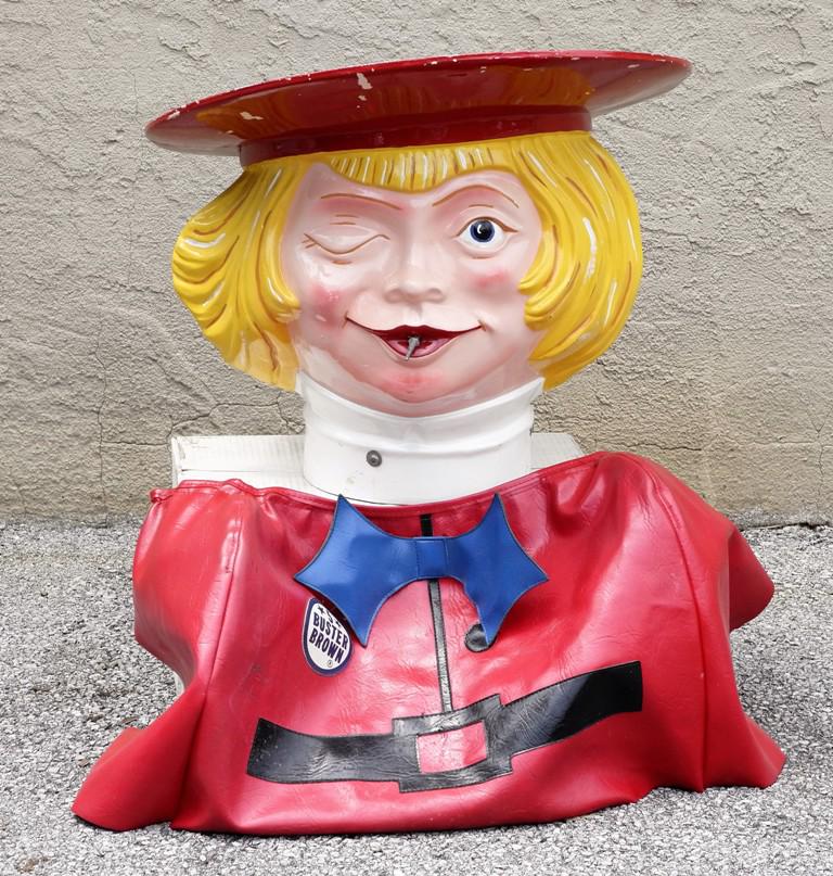 Buster Brown Helium Tank Topper: Vintage Buster Brown shoe store helium tank topper, painted paper mache 24"D, 21"H, also includes vinyl vest to wrap around top of tank